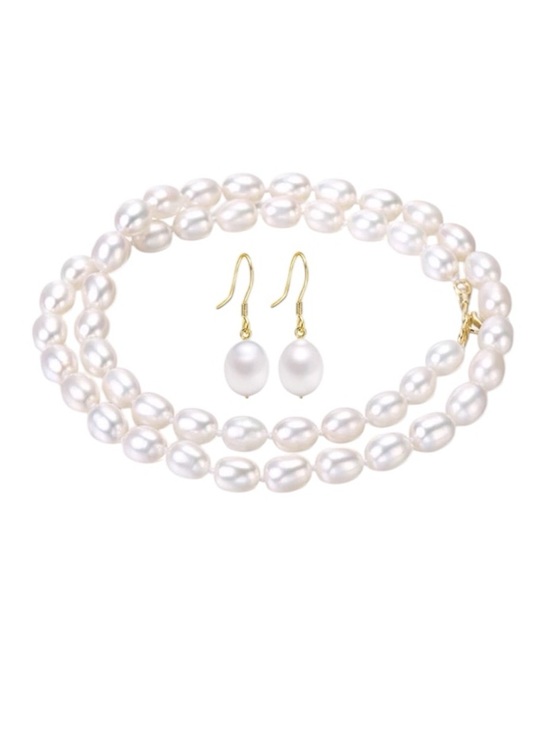 Jewelry - 6-7mm Hand Strung Natural Rice Pearl Necklace Earring Set